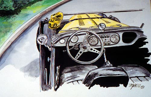 A painting looking across the cockpit of the yellow Plus 8 — steering wheel, dials and bonnet strap